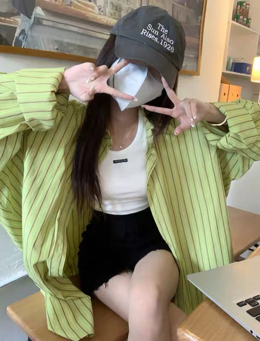 Kumikumi mid-length striped shirt jacket women's summer loose casual long-sleeved sunscreen top Hong Kong-flavored shirt 1109