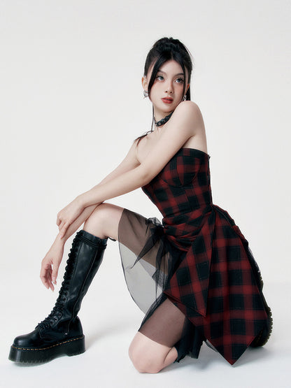 VOCK Original Rebellious Romance Punk Rock Red Heige Sweet Cool Waist Slimming Irregular Splicing Yarn Tube Top Dress