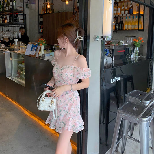 ByYou summer pastoral style floral suspender dress women's new waist and slim fungus edge bag hip short skirt 1150
