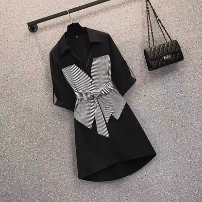 2021 summer new plus size women's clothing fat sister is thin fashion striped fake two-piece dress summer