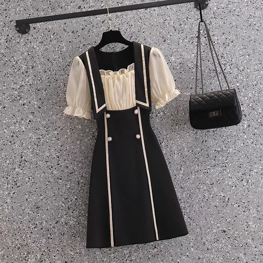 2052 summer new plus size women's clothing fat mm fashion temperament age reduction waist show thin fake two-piece dress
