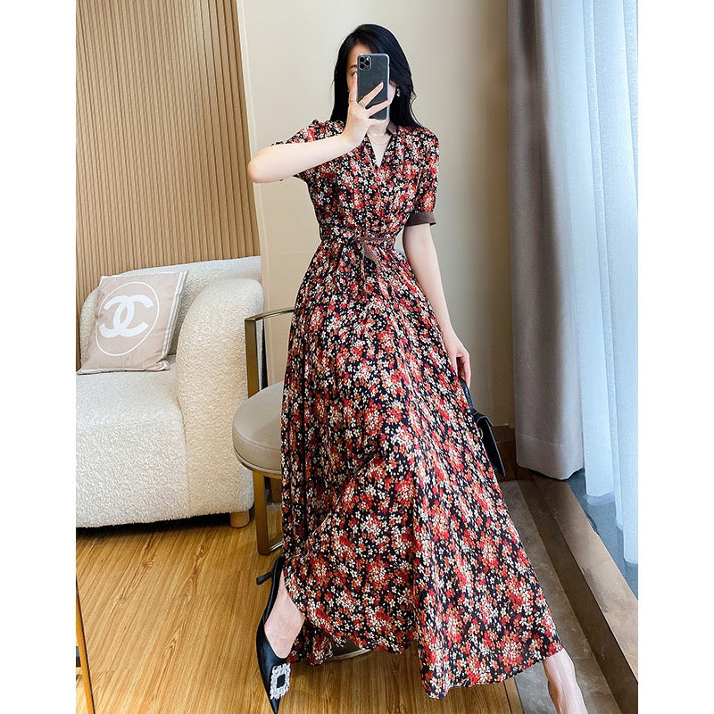 Tea break French floral dress women's summer 2023 summer new celebrity temperament waist slimming long skirt summer dress