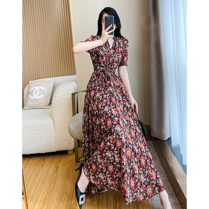 Tea break French floral dress women's summer 2023 summer new celebrity temperament waist slimming long skirt summer dress