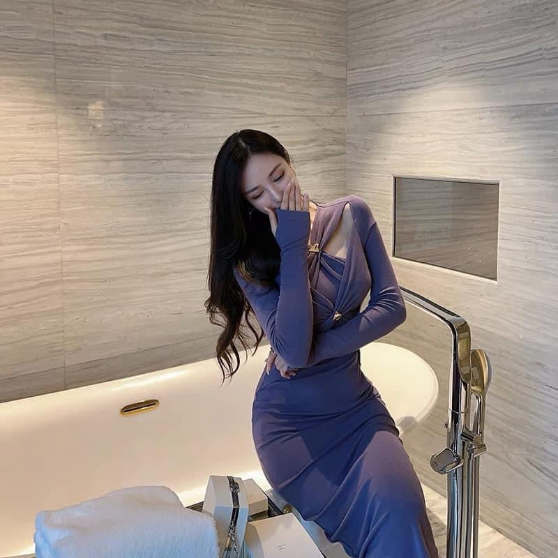 Wang Jiujiu temperament celebrity design sense self-cultivation and slim inner bottoming skirt long-sleeved mid-length dress women