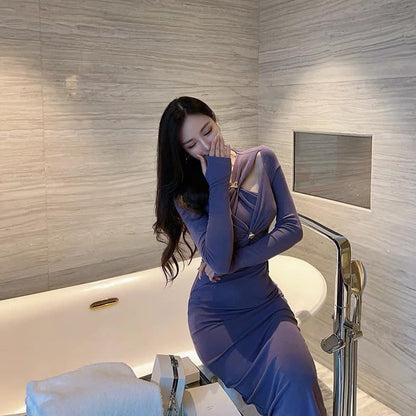 Wang Jiujiu temperament celebrity design sense self-cultivation and slim inner bottoming skirt long-sleeved mid-length dress women