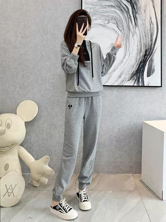 Casual sports suit women's 2022 autumn new fashion gray salt series hooded sweater running Hong Kong style two-piece suit