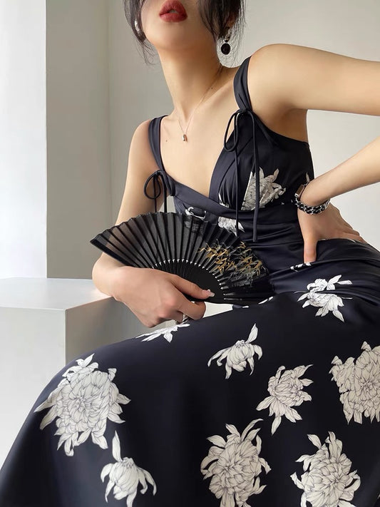 Aconiconi｜ Summer Night Chrysanthemum Temperament French Print Feminine Slim High Dress Long Dress