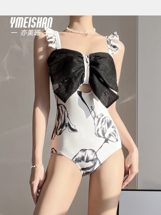 Yimeishan one-piece swimsuit female hot spring sexy small chest bow strap conservative net red style 2023 new
