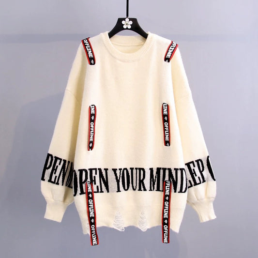 Western-style age-reducing pullover sweater women's loose outer wear 2022 new autumn and winter Korean version of the hole letter lace-up sweater