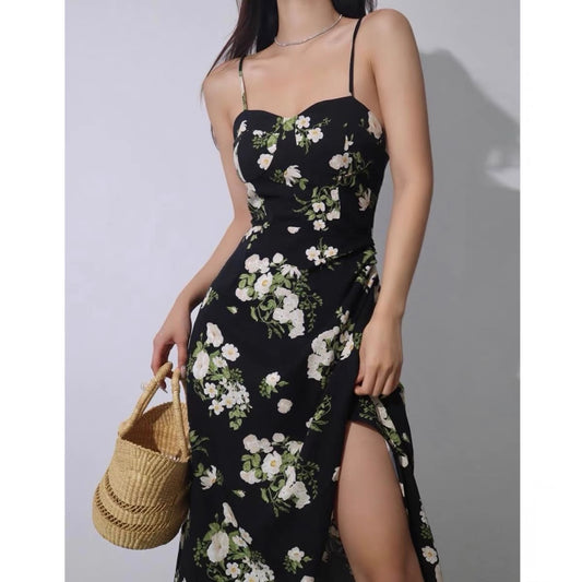 French elegant black and white flower lace-up dress female sexy side slit waist slim holiday style suspender dress