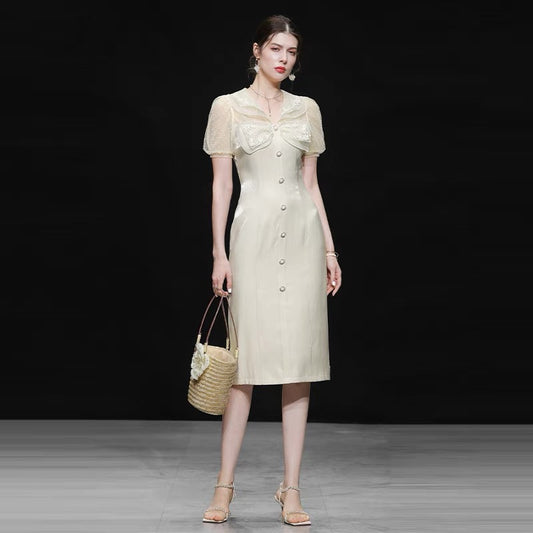 2022 summer new V-neck puff sleeves temperament retro bow streamer light luxury ladies straight dress women