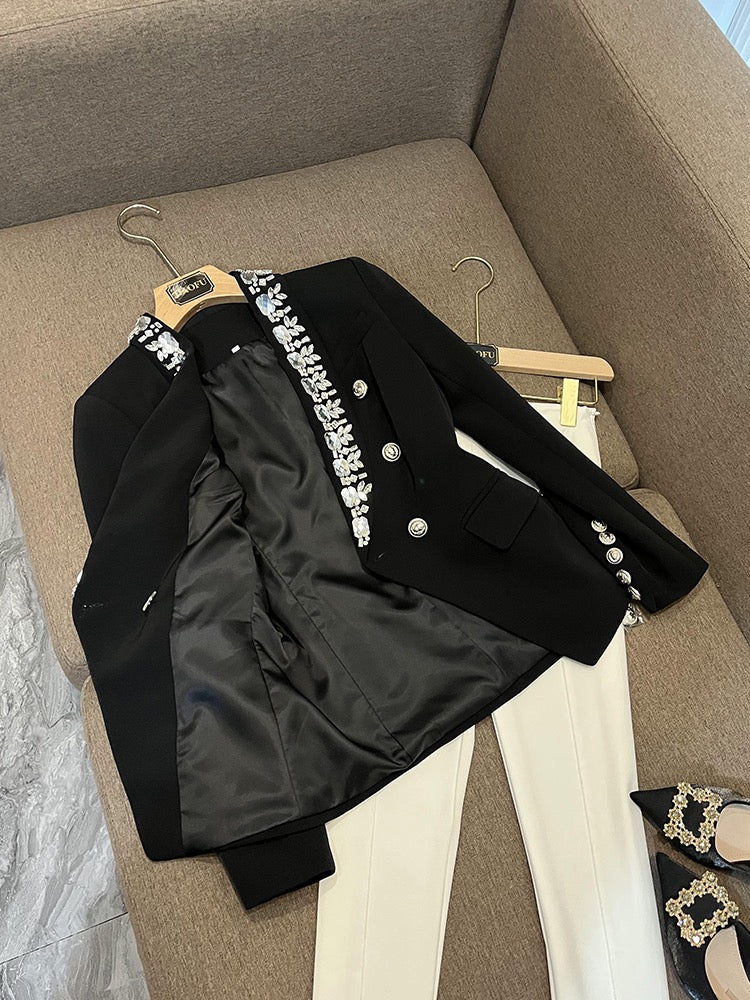 Diamond-encrusted European jacket personality design sense double-breasted heavy industry beaded shawl collar suit women's suit A6452
