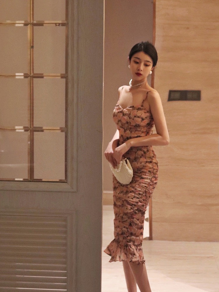 Thirteen and Little French Floral Dress Women's Summer Slim Thin Package Hip Skirt Sexy Sling Mermaid Skirt