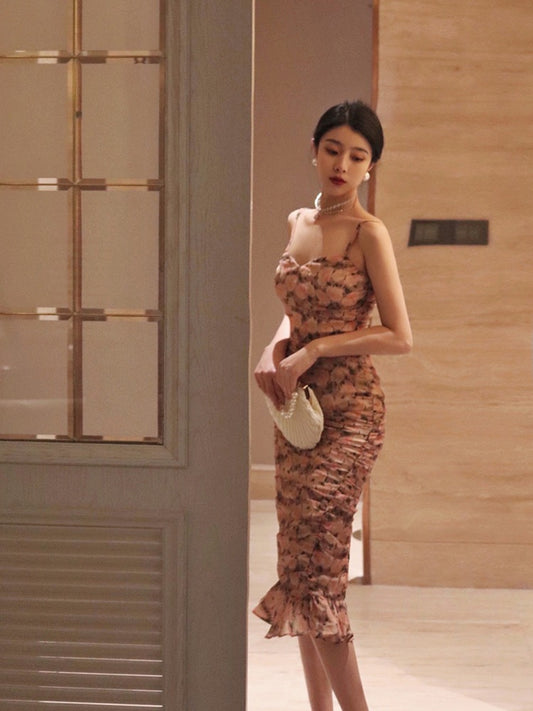 Thirteen and Little French Floral Dress Women's Summer Slim Thin Package Hip Skirt Sexy Sling Mermaid Skirt
