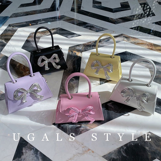 UGALS French Retro Fairy Metal Bow Kelly Bag Shiny Diamond Diamond Dinner Hand Messenger Bag