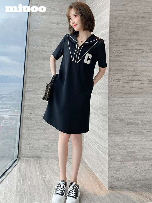 miuco acetate fabric contrast color shawl collar letter patch age-reducing dress women's 2022 summer new T-shirt skirt