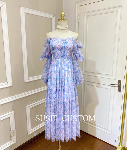Custom Fairy Irregular Gradient Tie-Dye Pattern Elastic Fungus Edge One-word Neck Off-the-Shoulder Mesh Long Skirt