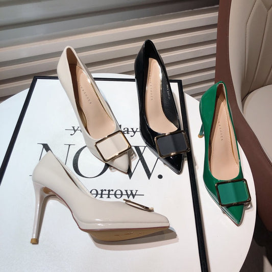 Green super high heels 2022 autumn new sexy pointed toe square buckle patent leather stiletto shoes women's waterproof platform dress shoes