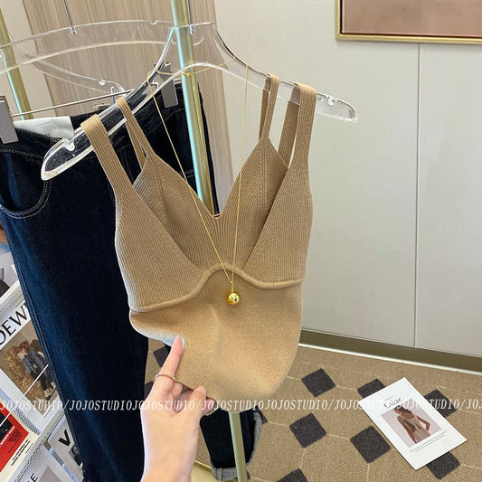French short knitted camisole women's fake two pieces 2023 spring and summer niche chic slim sleeveless tube top top