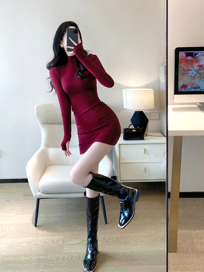 Bottom dress women's autumn and winter with coat 2023 new Korean version temperament celebrity slim high collar inner bag hip skirt