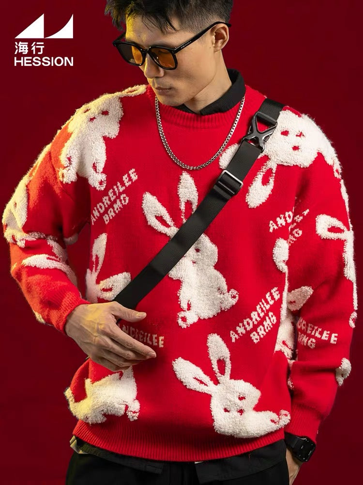 Haixing rabbit year natal year sweater men's New Year's red bottoming sweater 2023 winter thickened Chinese New Year couple outfit