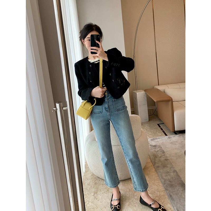 MUKOK blue jeans women's nine points 2023 new spring season all-match high-waisted slim fit slim micro-la casual