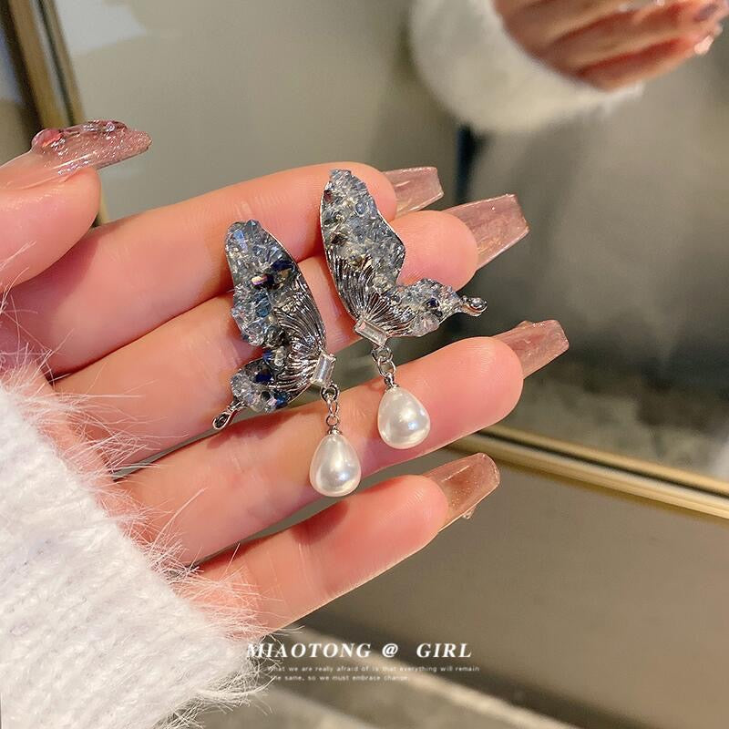 Super Fairy Butterfly Wings Pearl Earrings Women's Trendy Autumn and Winter Niche Design High-end Earrings Light Luxury Temperament Ear Jewelry