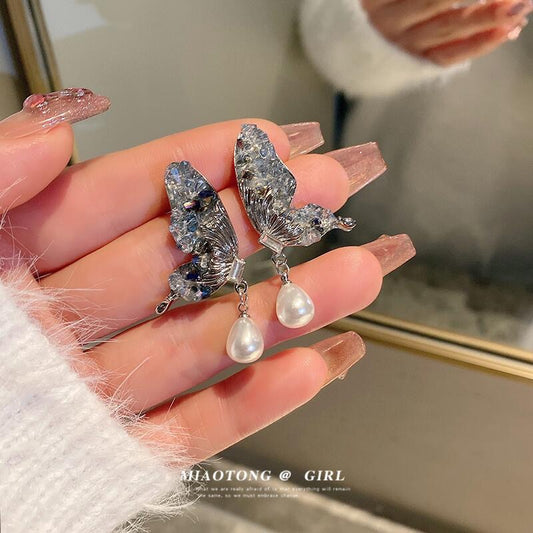 Super Fairy Butterfly Wings Pearl Earrings Women's Trendy Autumn and Winter Niche Design High-end Earrings Light Luxury Temperament Ear Jewelry