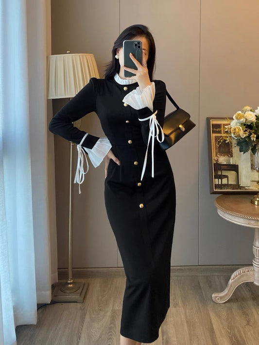 French retro Hepburn style black dress high-quality small fragrance temperament thin bottoming small black dress women's autumn and winter