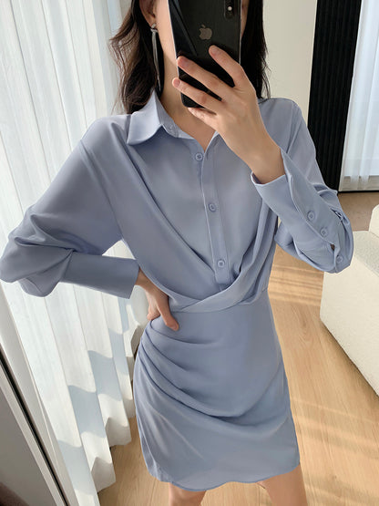 FT GUOGE Shirt Dress Women's 2023 Spring New Waist Slimming Aura Strong Commuting Satin Skirt