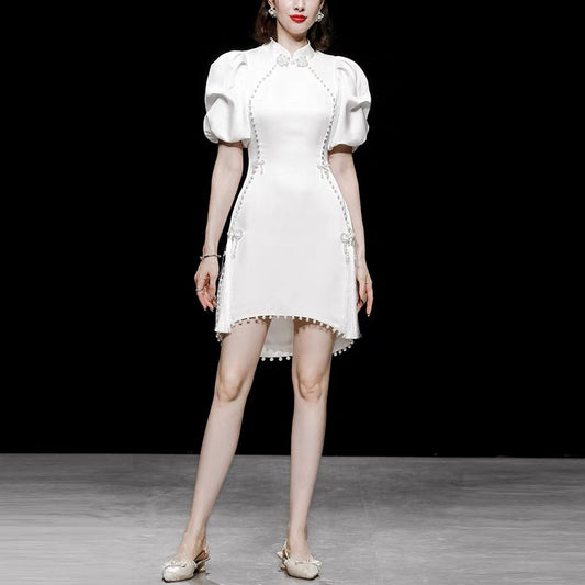 Summer women's clothing 2022 new temperament white lantern sleeves waist slim satin cheongsam dress short skirt skirt