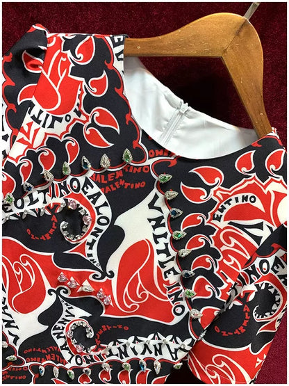 French heavy-duty diamond-studded retro print short-sleeved small loose-waist European dress high-end summer 2022 new