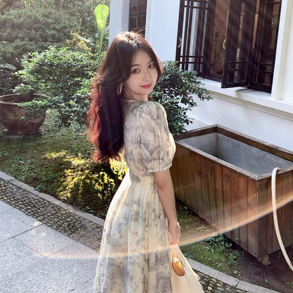ByYou Gentle Feng Shui Ink Floral Holiday Dress Summer High Sense Waist Long Puff Sleeve Tea Break 1153