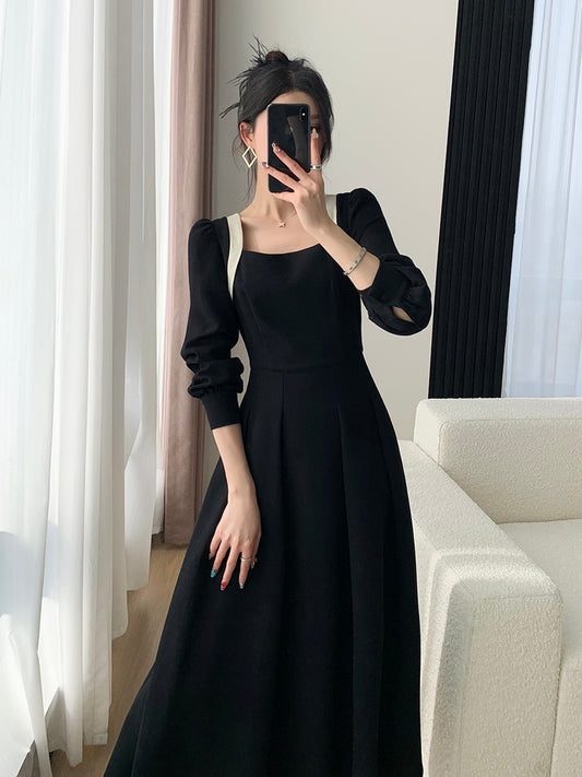 FT GUOGE black dress women's 2023 spring new style waist slimming Hepburn style square collar little black dress