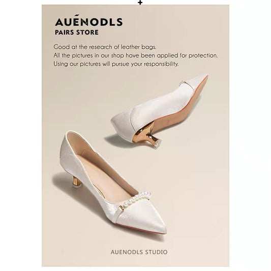 AUENODLS nude white French satin word pearl pointed high heels Xiuhe main wedding bridesmaid wedding shoes women
