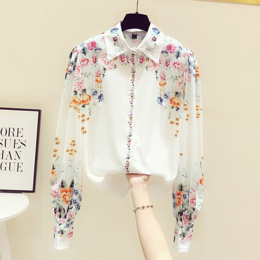 Early autumn 2022 new floral chiffon long-sleeved shirt women's court style fashion western style chiffon top