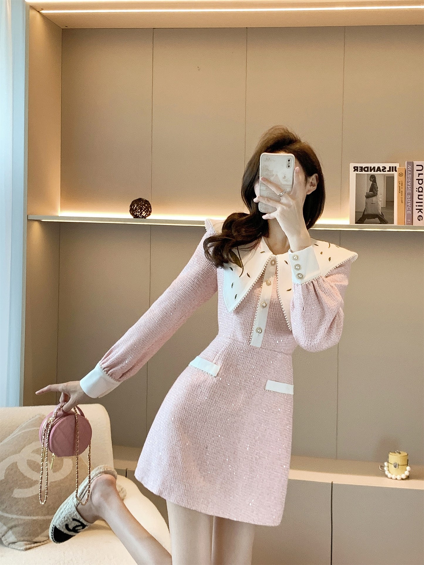 High-end small fragrant wind doll collar dress women's autumn and winter 2022 new style temperament reducing age waist waist design skirt