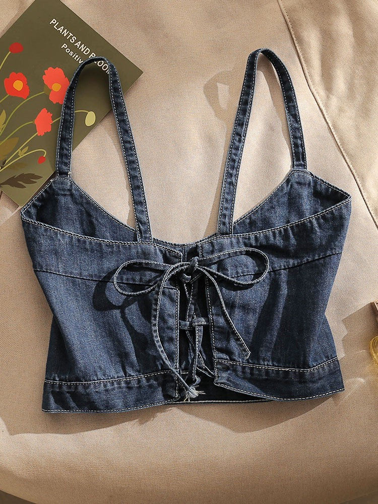 Retro denim cross camisole women's outerwear sexy beautiful back slim design sense niche short tube top top