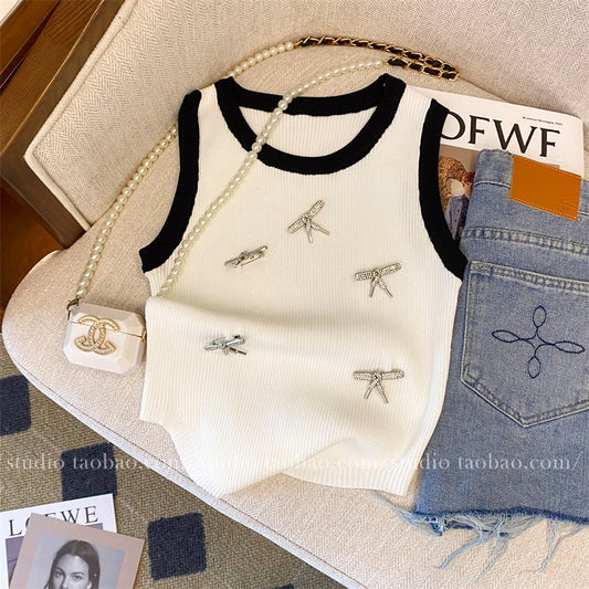 Bowknot treasure girl knitting with vest summer women's clothing 2023 new hot sexy close-fitting top