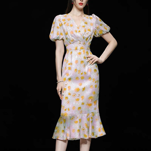 Summer women's clothing 2022 new temperament French short-sleeved slim waist slim printed dress tea break skirt skirt