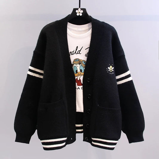 Embroidered little bee sweater coat women's autumn and winter 2022 new loose and lazy style outer wear design sense knitted cardigan