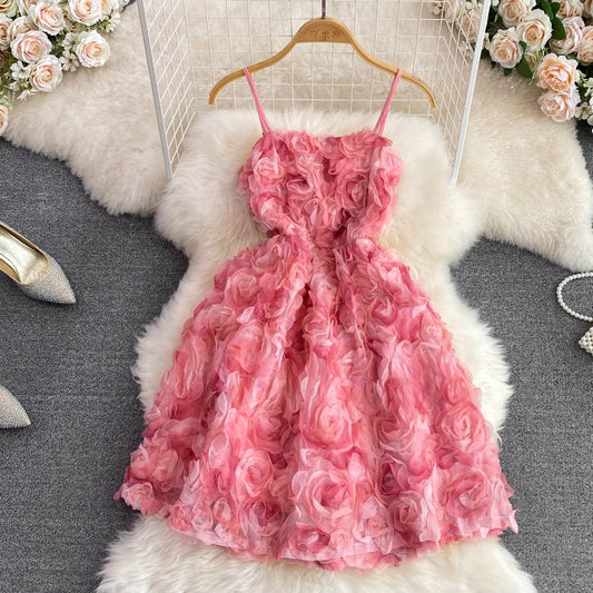 Summer dress new French style retro temperament three-dimensional rose tube top suspender skirt waist slimming a-line dress female