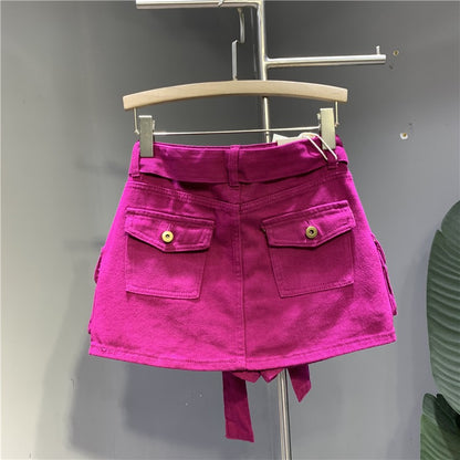 Internet celebrity trend fashion street dragon fruit color denim skirt 22 autumn personality three-dimensional pocket tooling skirt bag hip skirt