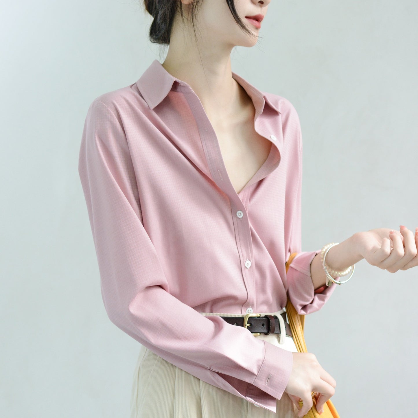 TRR trendy chic unique dark grid tender powder layered shirt blouse high sense top nice top foreign style