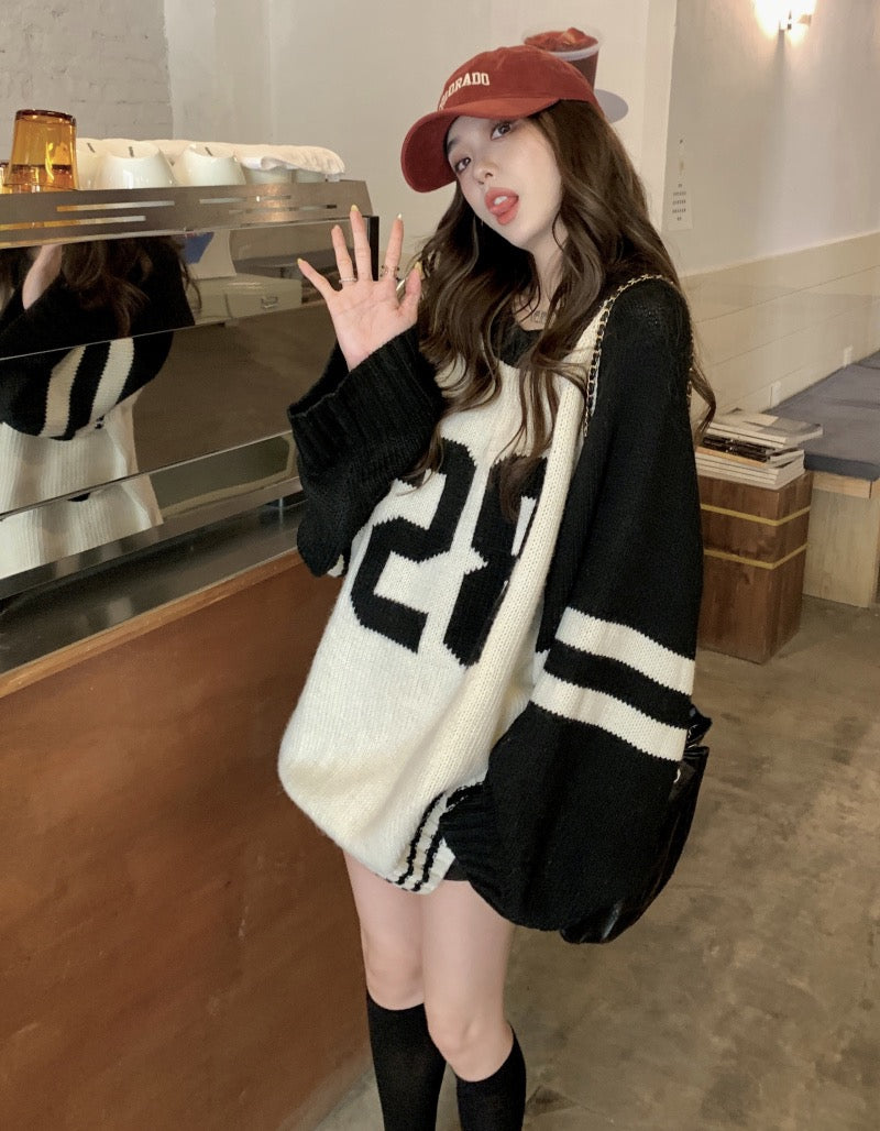 kumikumi loose all-match lazy wind sweater women 2022 autumn new contrast color round neck pullover knitted top