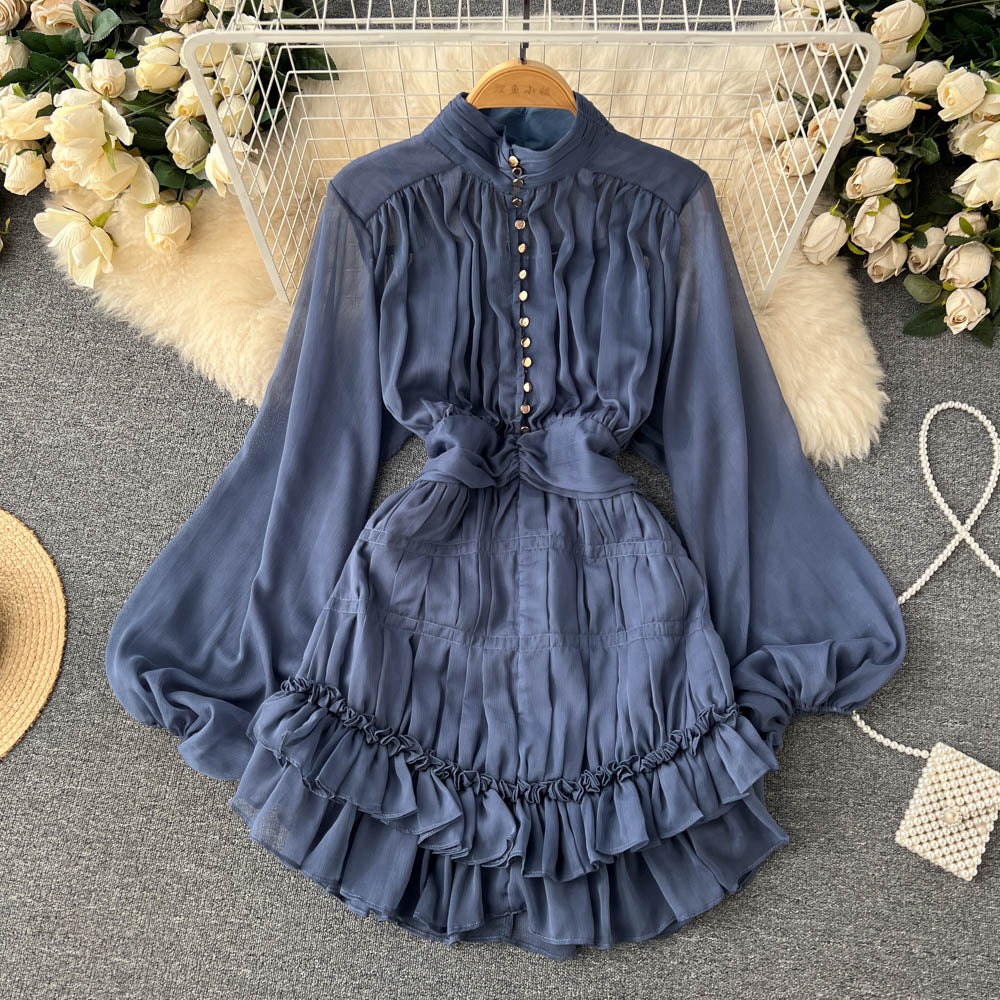 Spring and Autumn French Sweet Temperament Dress Female Waist Slim Chic Ruffles Stand Collar Princess Fairy Petit Skirt