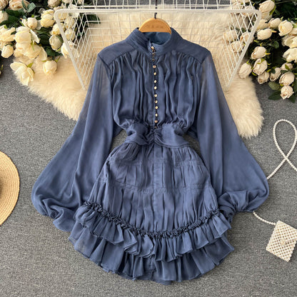 Spring and Autumn French Sweet Temperament Dress Female Waist Slim Chic Ruffles Stand Collar Princess Fairy Petit Skirt