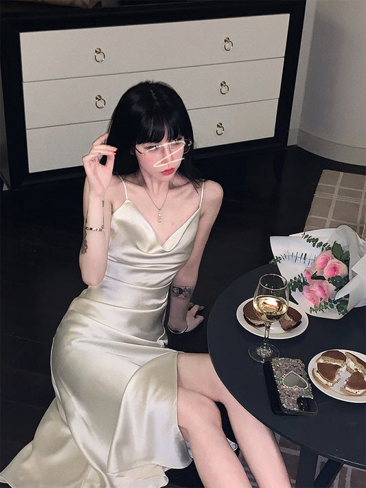 Aunt Barbie satin suspender dress spring women's 2023 new swing collar sexy hot girl slit bag hip dress