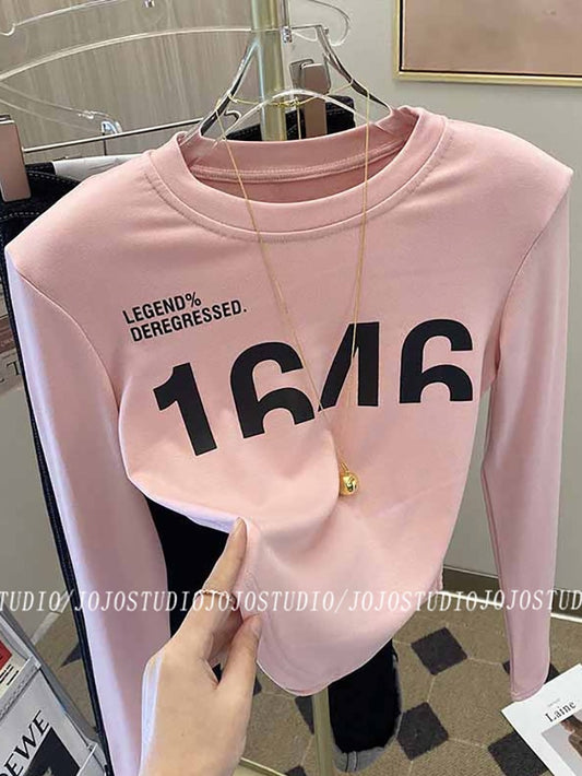 Western style all-match shoulder pads long-sleeved bottoming shirt women 2023 spring and autumn new design sense print plus thin velvet T-shirt top