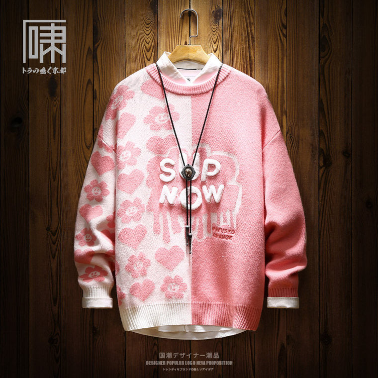 tide brand national tide Hong Kong style splicing contrast color couple sweater men's Japanese